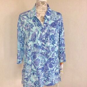 Ruby Rd. Women’s M 100% linen blue floral button up roll sleeve Tunic Top NWT